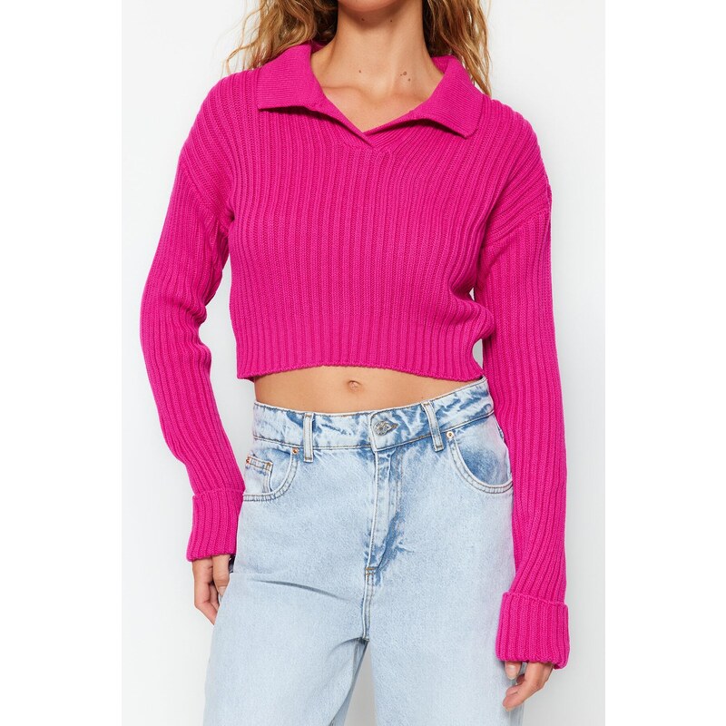 Trendyol Fuchsia Super Crop Polo Neck Knitwear Sweater