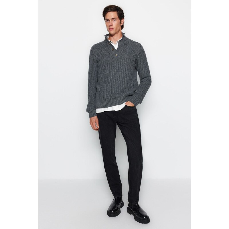 Trendyol Gray Men's Slim Fit Turtleneck Buttons Knitwear Sweater