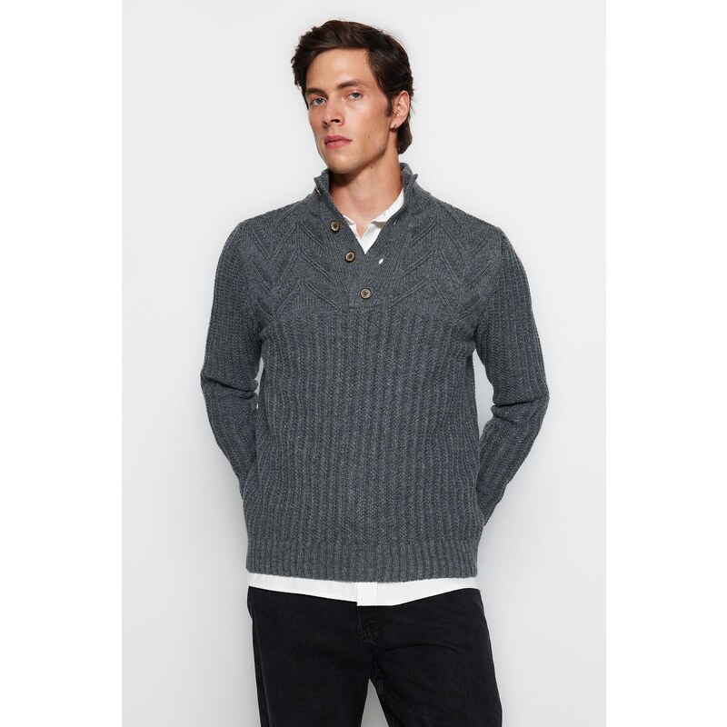 Trendyol Gray Men's Slim Fit Turtleneck Buttons Knitwear Sweater