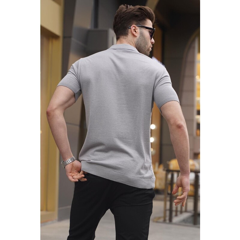 Madmext Patterned Knitwear Gray Polo Neck T-Shirt 6357