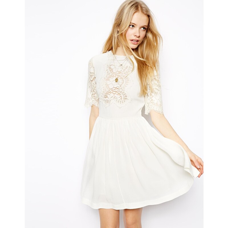 ASOS Pretty Skater Dress With Lace Panels - Cream