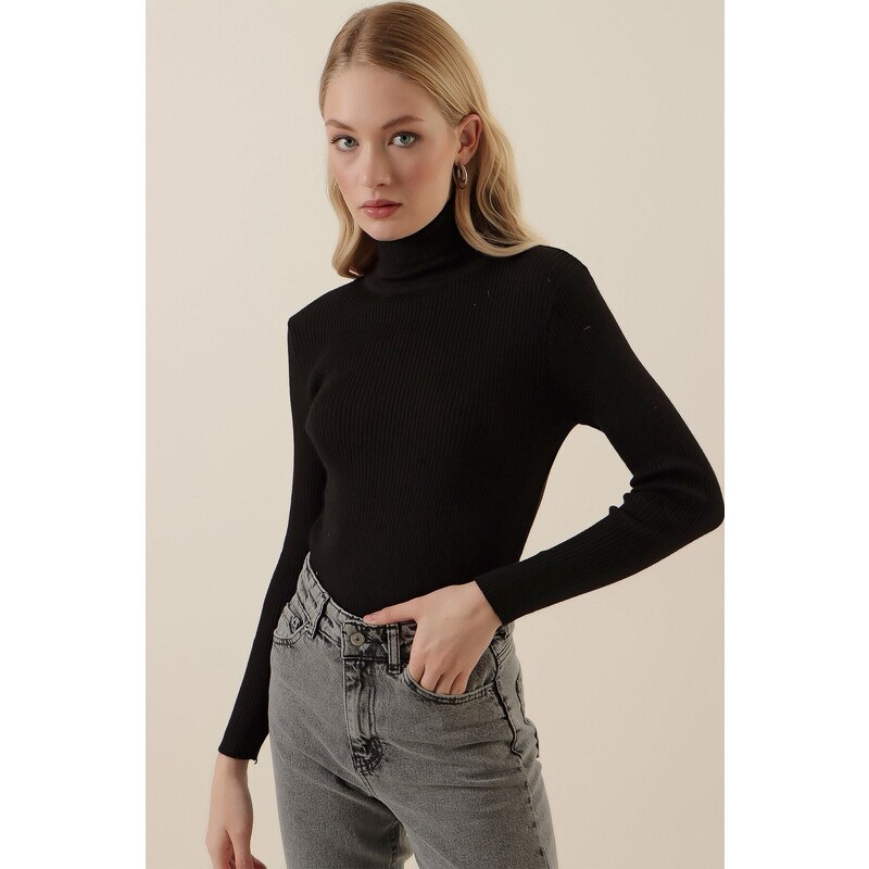 Bigdart 15796 Turtleneck Corduroy Sweater - Black