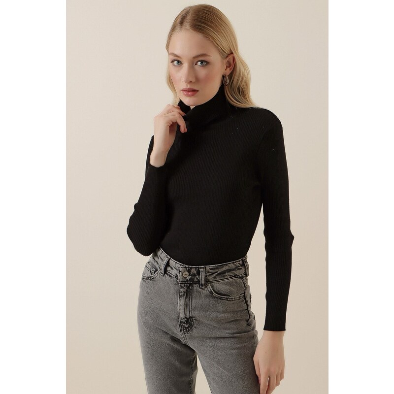 Bigdart 15796 Turtleneck Corduroy Sweater - Black