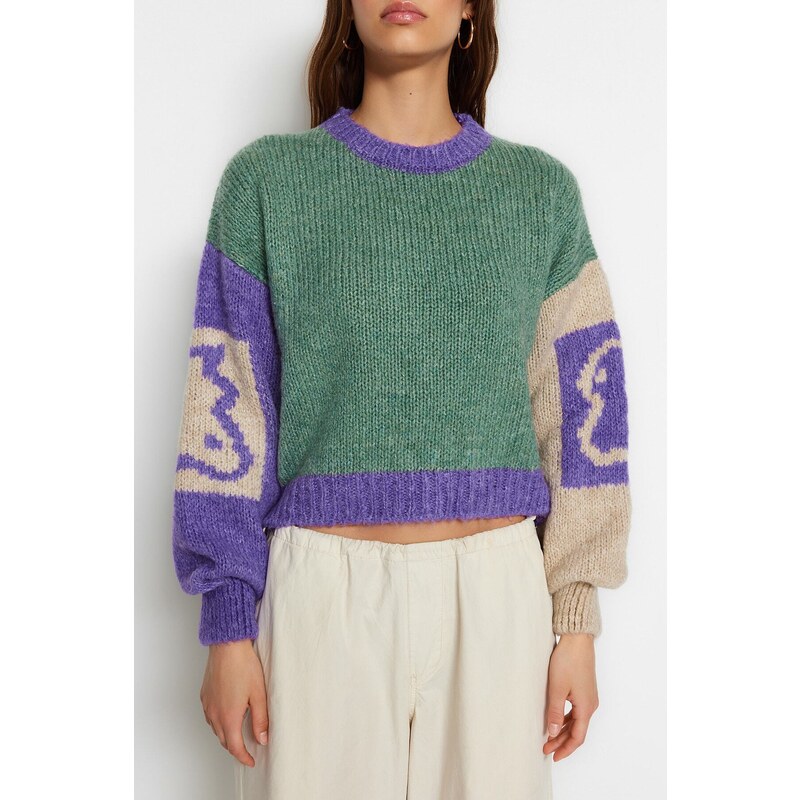 Trendyol Mint Měkký texturovaný pletený svetr s barevným blokem