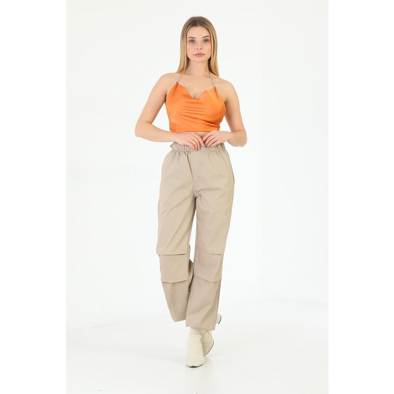 BİKELİFE Women's Beige Pajamas Parachute Pants