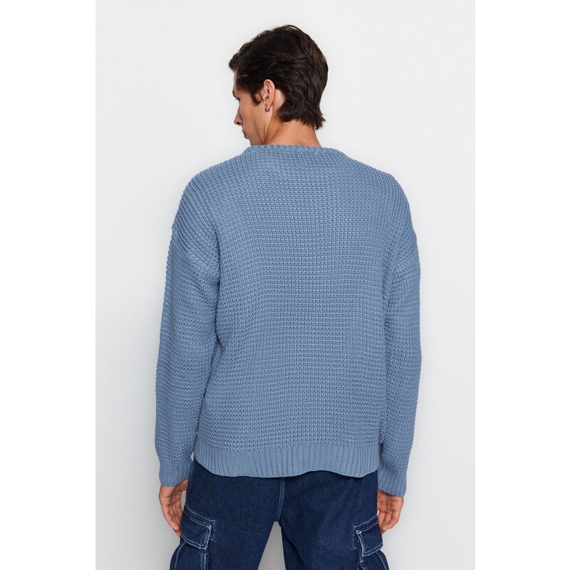 Trendyol Blue Oversize Fit Wide Fit Crew Neck Textured Basic Knitwear Sweater