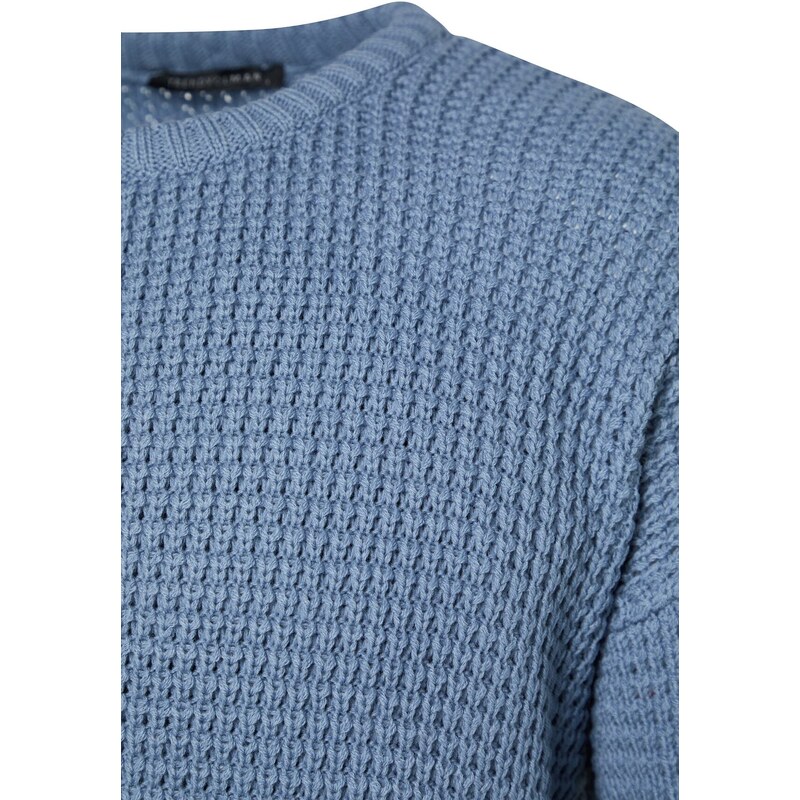 Trendyol Blue Oversize Fit Wide Fit Crew Neck Textured Basic Knitwear Sweater