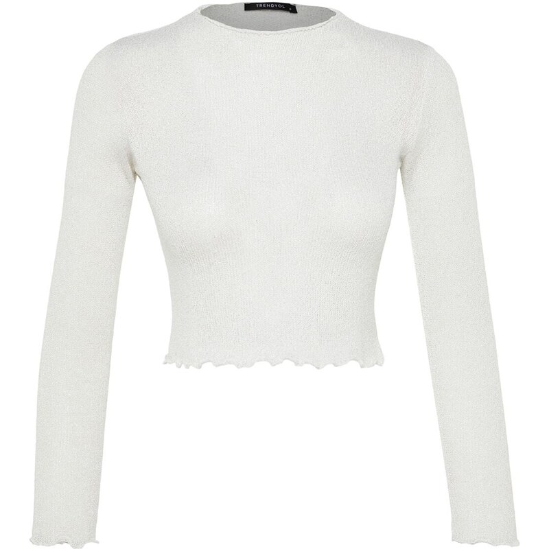 Pletená halenka Trendyol Ecru Lurex Look High Neck Crop