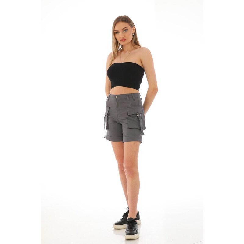 BİKELİFE Gray High Waist Flexible Denim Shorts With Pocket.