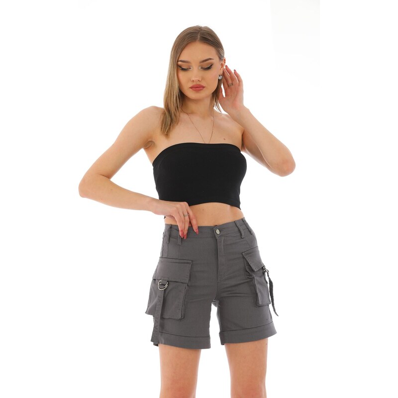 BİKELİFE Gray High Waist Flexible Denim Shorts With Pocket.