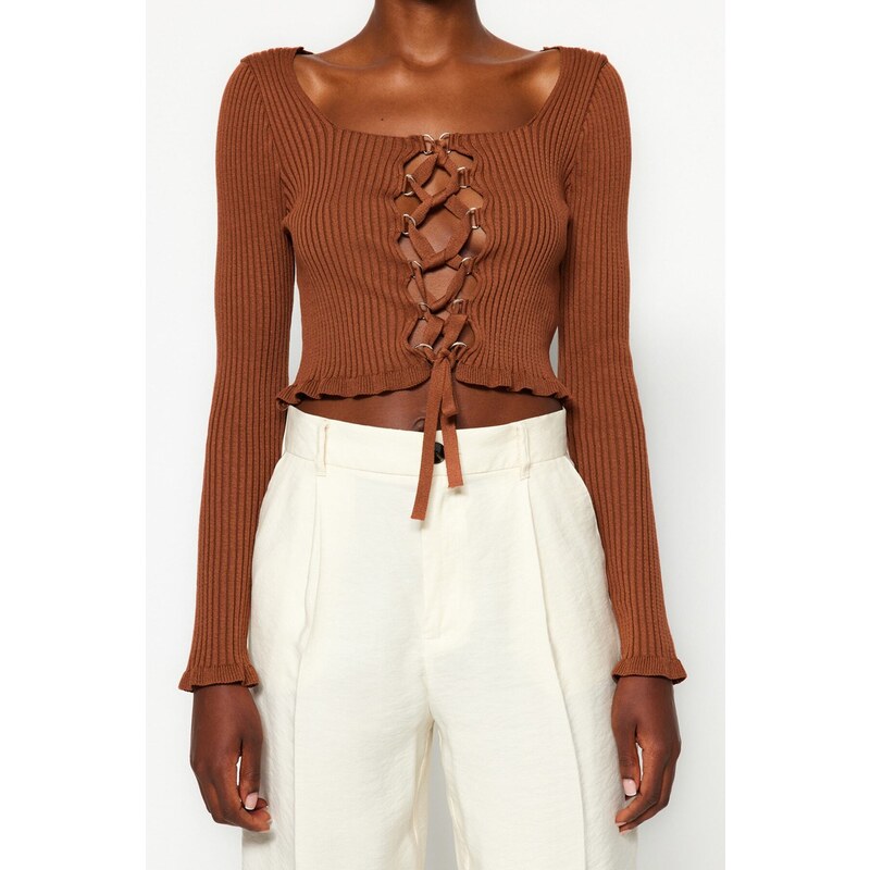 Trendyol Brown Crop Eyelet Detailed Knitwear Sweater