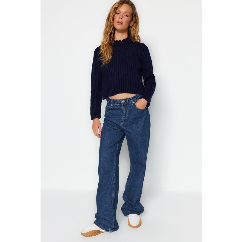 Trendyol Navy Blue Crop Základní pletený svetr