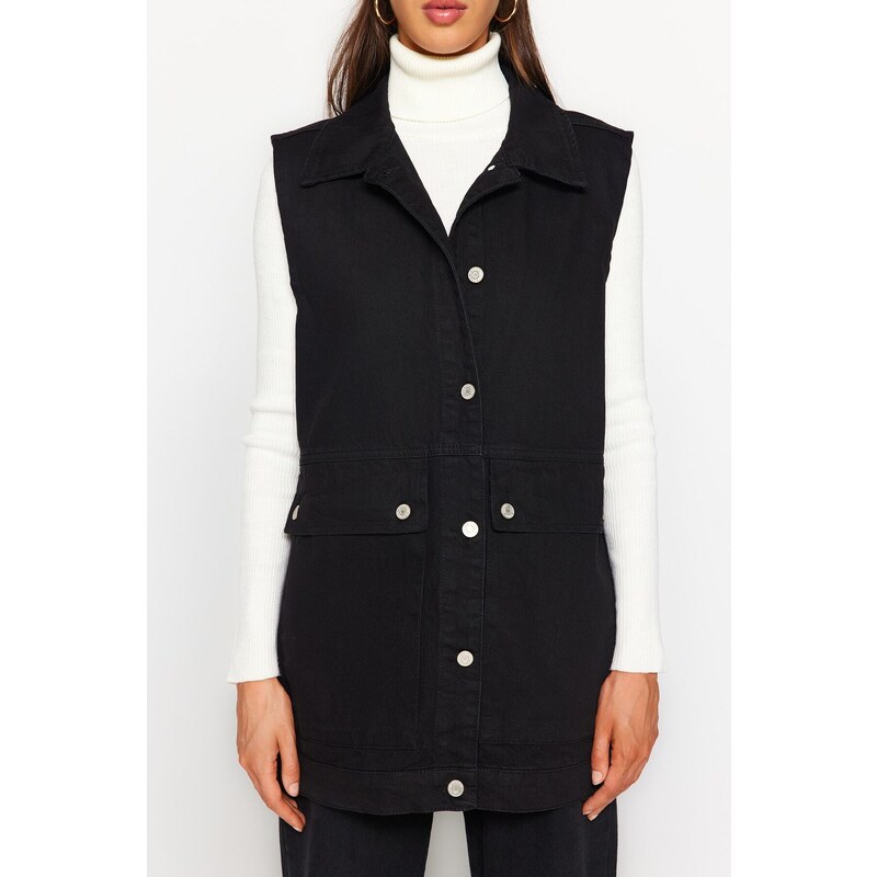 Trendyol černá košile límec kapsa detailní 100% bavlněná džínová vesta