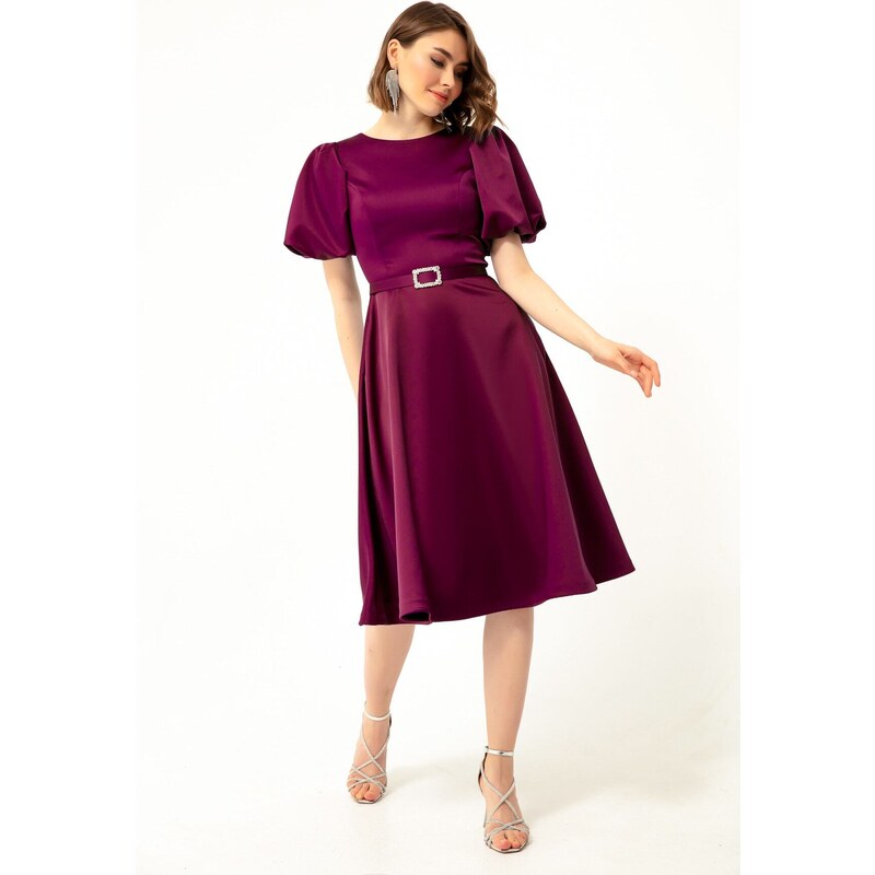 Lafaba Women's Plum Satin Evening Dress with Balloon Sleeves and Stones and a Belt.