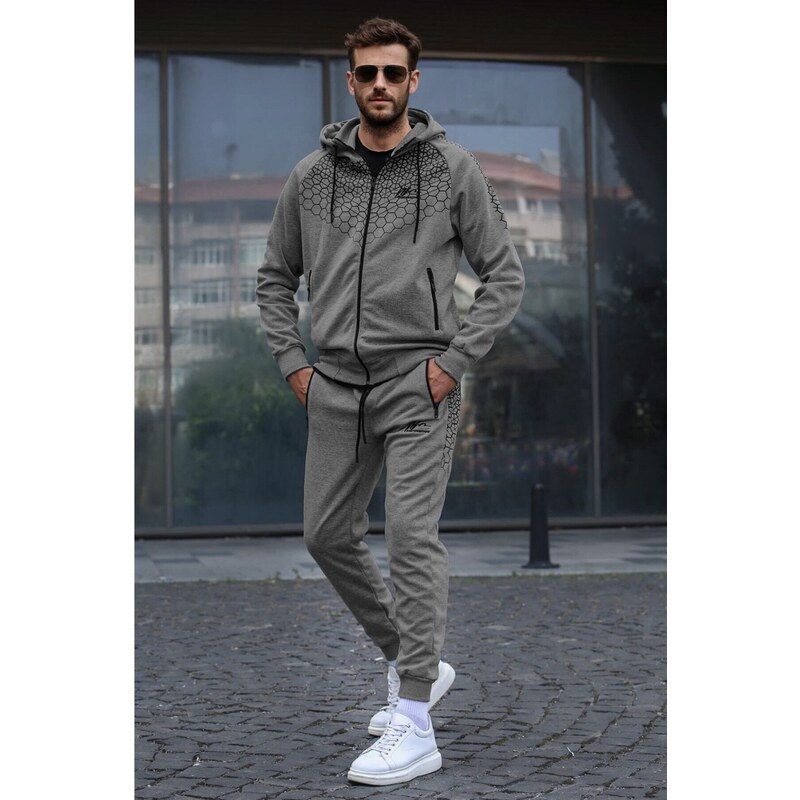 Madmext Anthracite Printed Tracksuit, Hoodie 5906