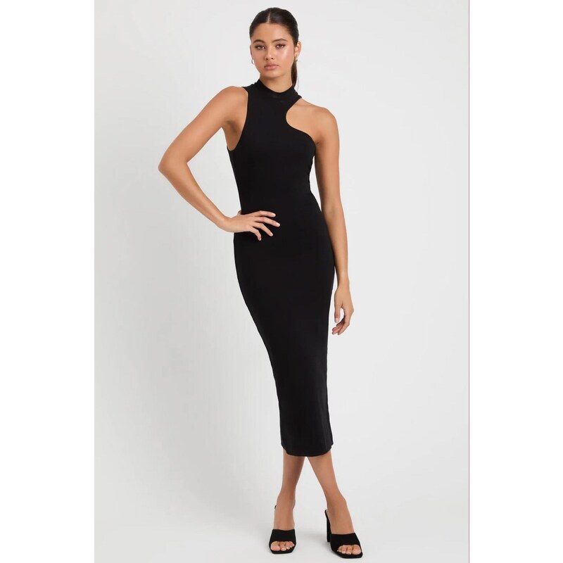 Madmext Black Halter Neck Long Basic Dress with Low-cut Shoulders 115721474