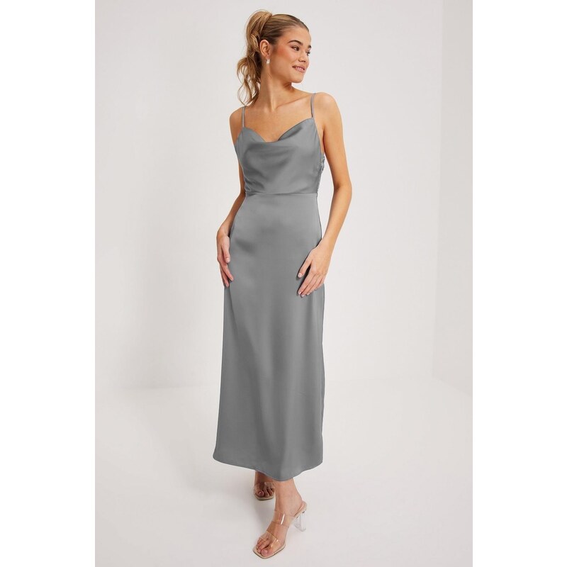 Madmext Gray Satin Scoop Neck Midi Dress