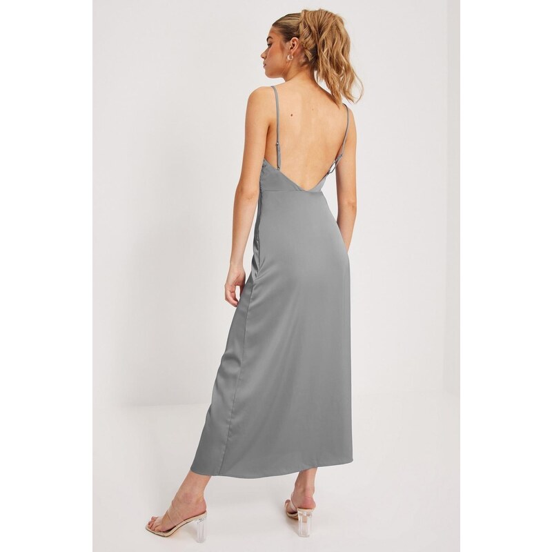 Madmext Gray Satin Scoop Neck Midi Dress