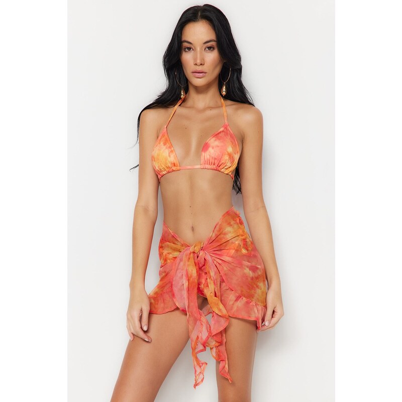 Trendyol Orange Tie-dye Patterned Mini Knitted Chiffon Pareo