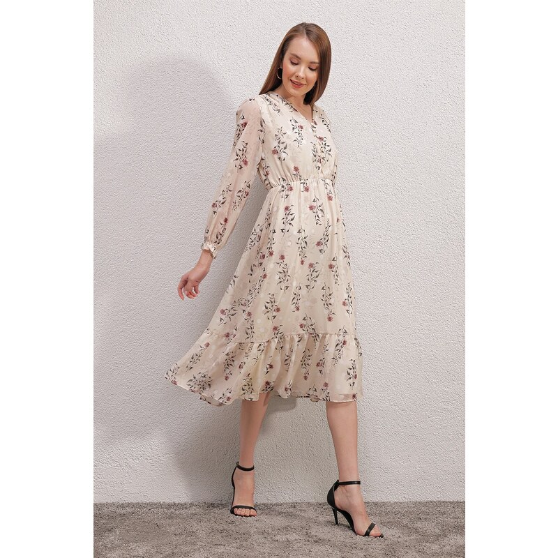 Bigdart 2137 Patterned Chiffon Dress - Cream