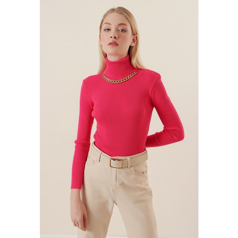 Bigdart 15478 Turtleneck Chain Sweater - Fuchsia