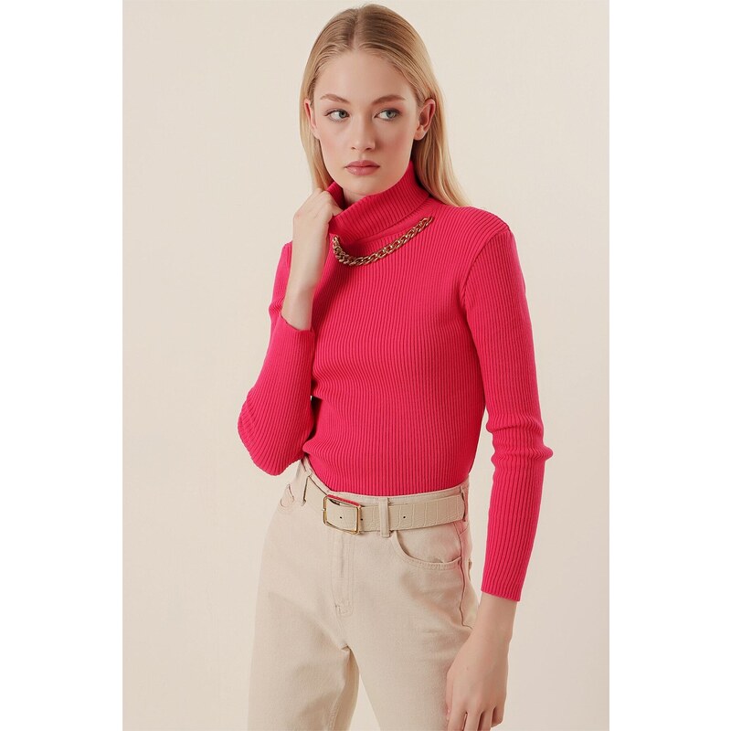 Bigdart 15478 Turtleneck Chain Sweater - Fuchsia