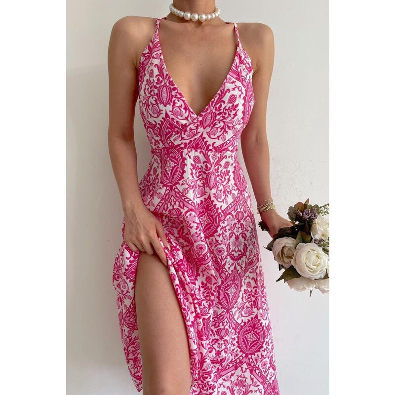 Madmext Pink Patterned Decollete Midi Length Dress