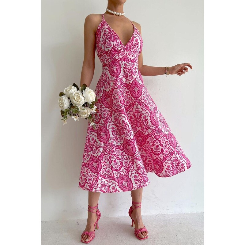 Madmext Pink Patterned Decollete Midi Length Dress