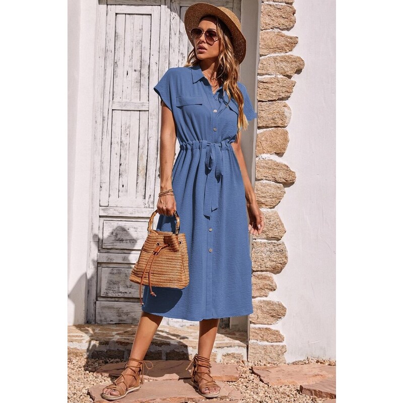 Madmext Blue Shirt Collar Long Dress