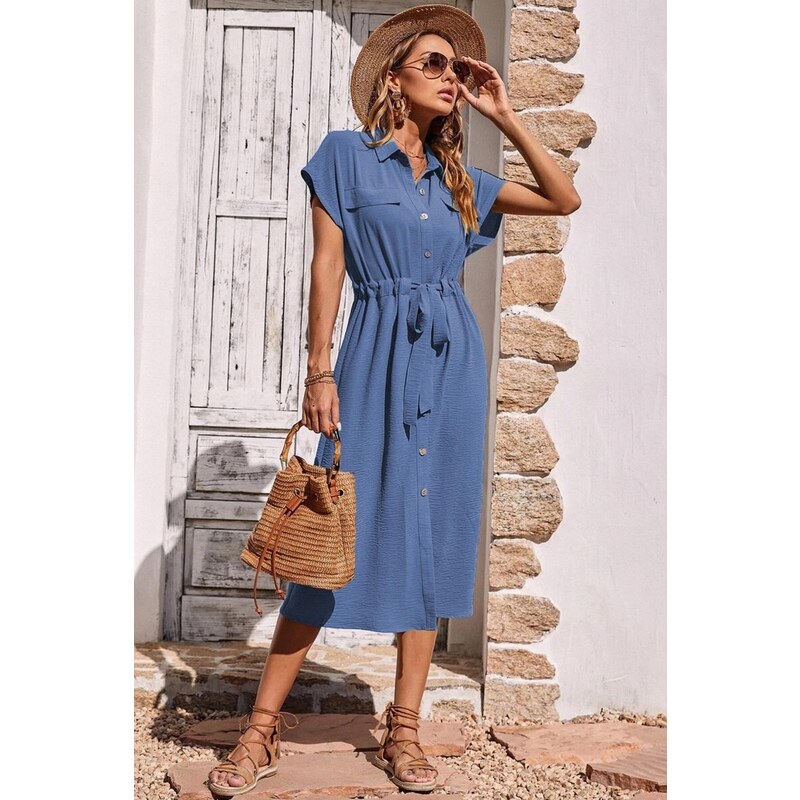 Madmext Blue Shirt Collar Long Dress