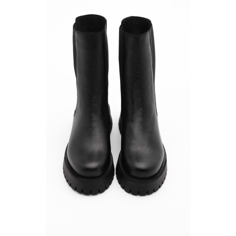 Marjin Women's Genuine Leather Daily Boots With Thick Serrated Soles Elastic Side Bands Bucree Black.