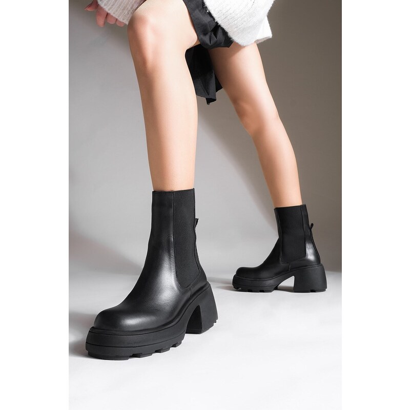 Marjin Women's Genuine Leather Daily Boots Thick Sole with Elastic Side Bands Fleece Black.