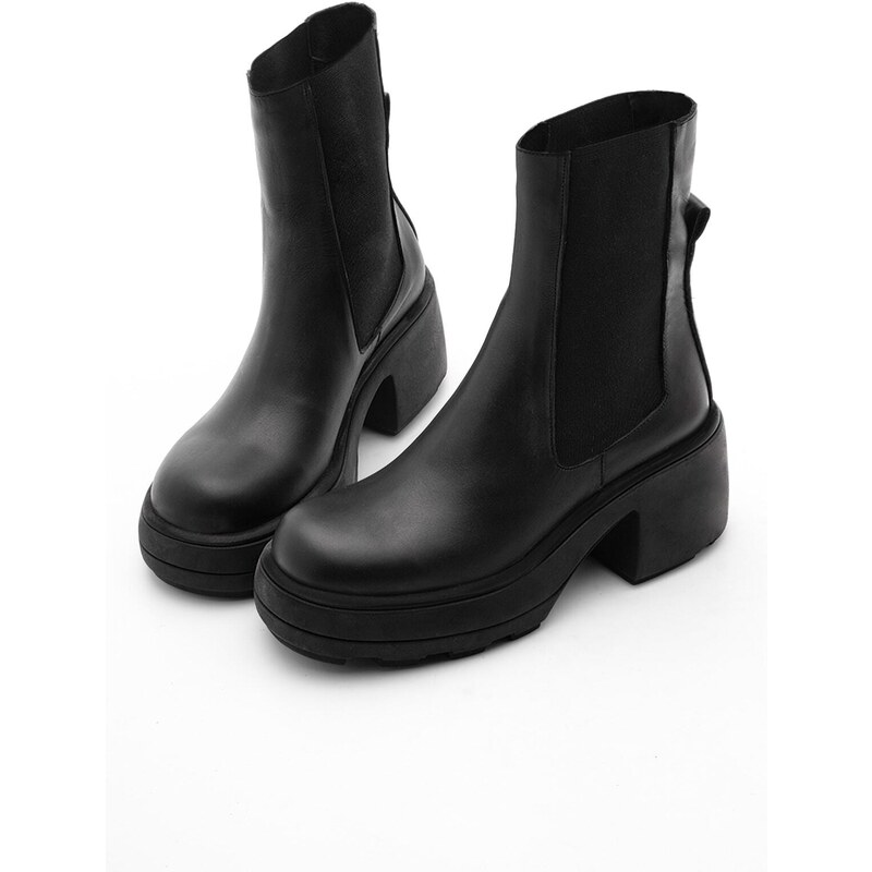 Marjin Women's Genuine Leather Daily Boots Thick Sole with Elastic Side Bands Fleece Black.