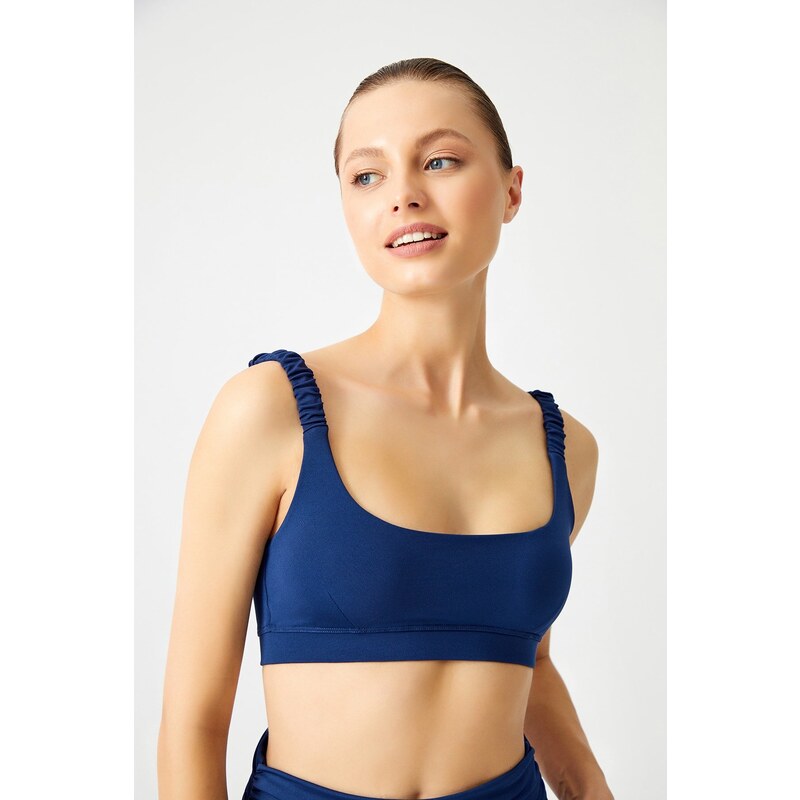 LOS OJOS Navy Blue Lightly Supported Drawstring Strap Detailed Covered Sports Bra