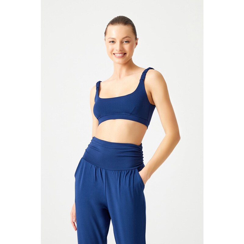 LOS OJOS Navy Blue Lightly Supported Drawstring Strap Detailed Covered Sports Bra