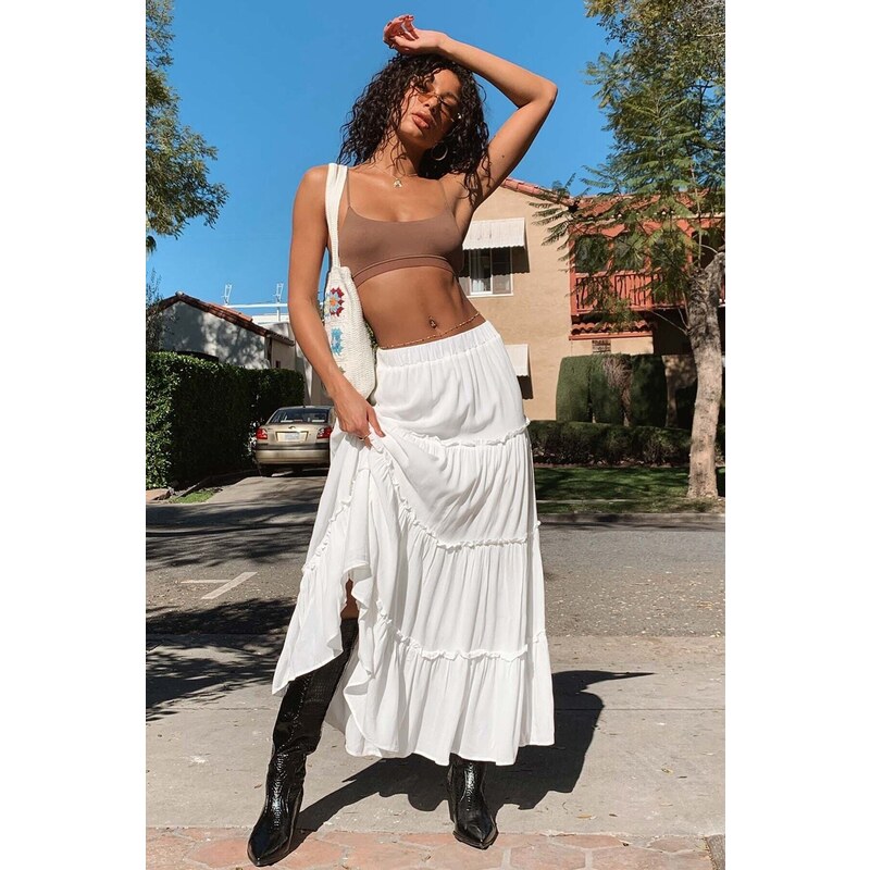 Madmext Women's White Basic Pleated Long Skirt