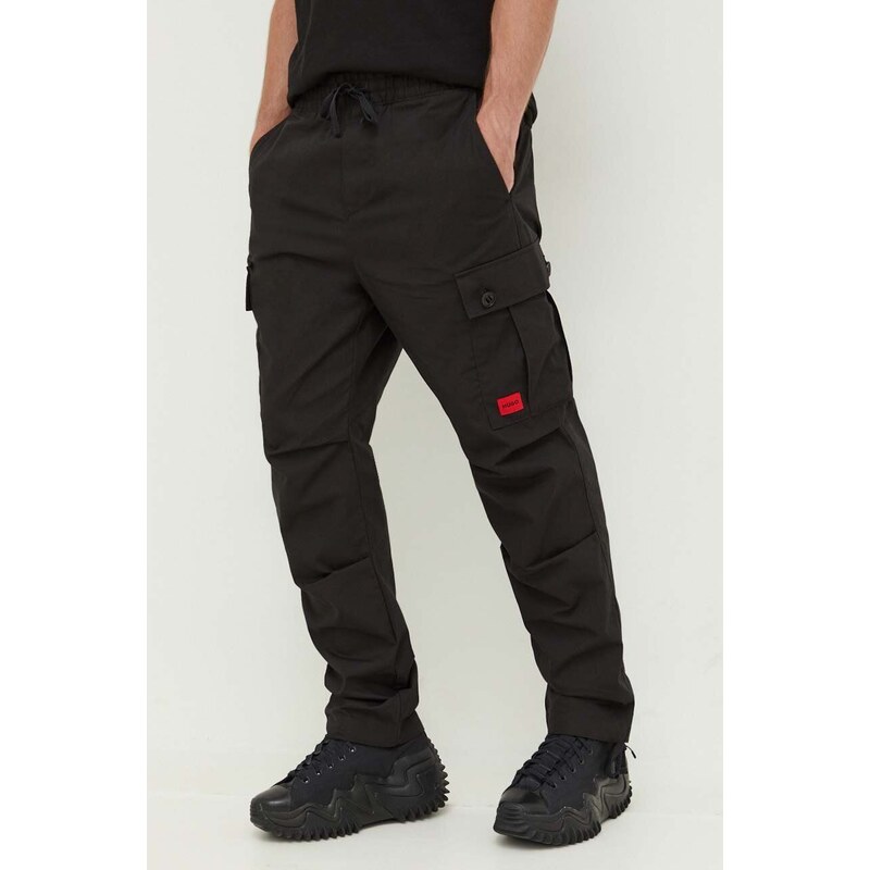 Bavlněné kalhoty HUGO černá barva, jednoduché
