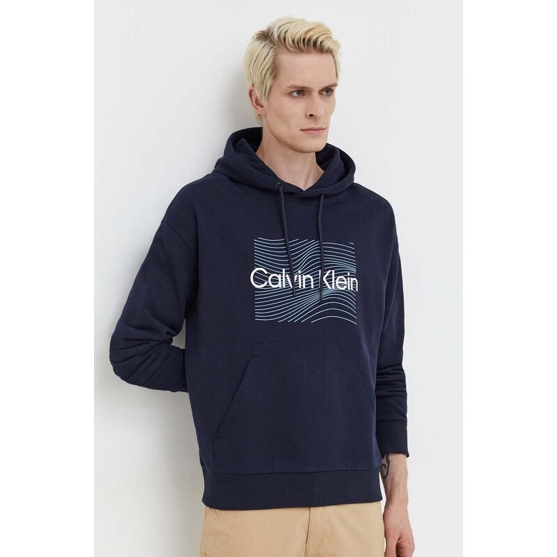 Bavlněná mikina Calvin Klein pánská, tmavomodrá barva, s kapucí, s potiskem