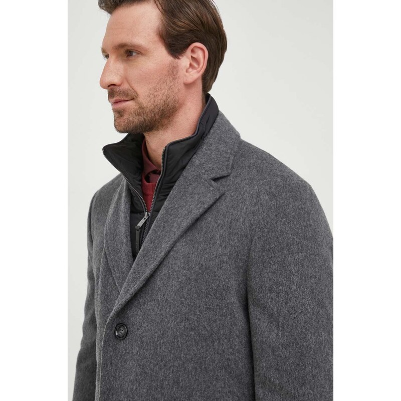 Vlněný kabát BOSS šedá barva, přechodný