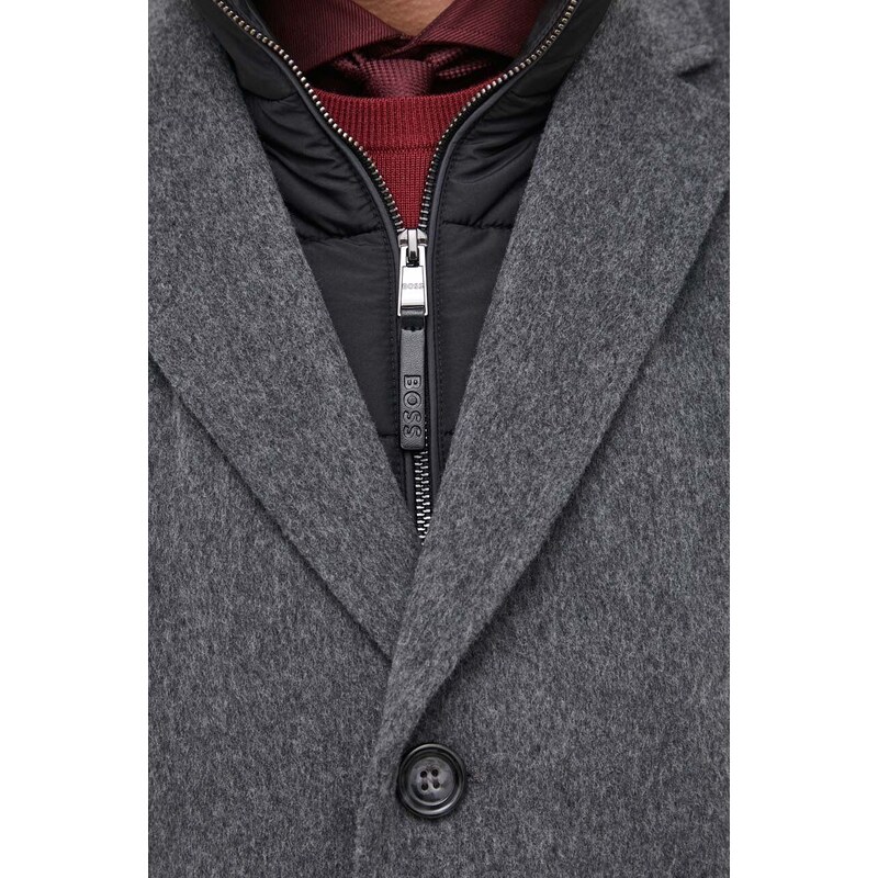 Vlněný kabát BOSS šedá barva, přechodný