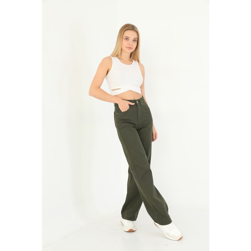 BİKELİFE Women's Khaki Wide Leg Palazzo High Waist Trousers