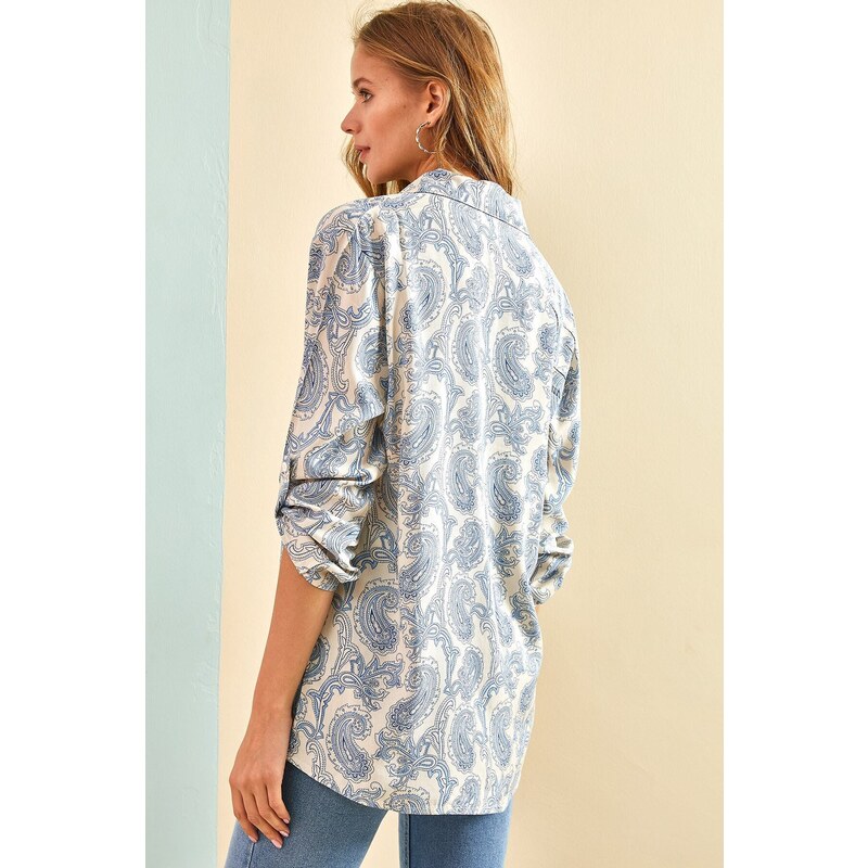 Bianco Lucci Women's Multi Leaf Patterned Viscose Shirt with Fold Sleeves.