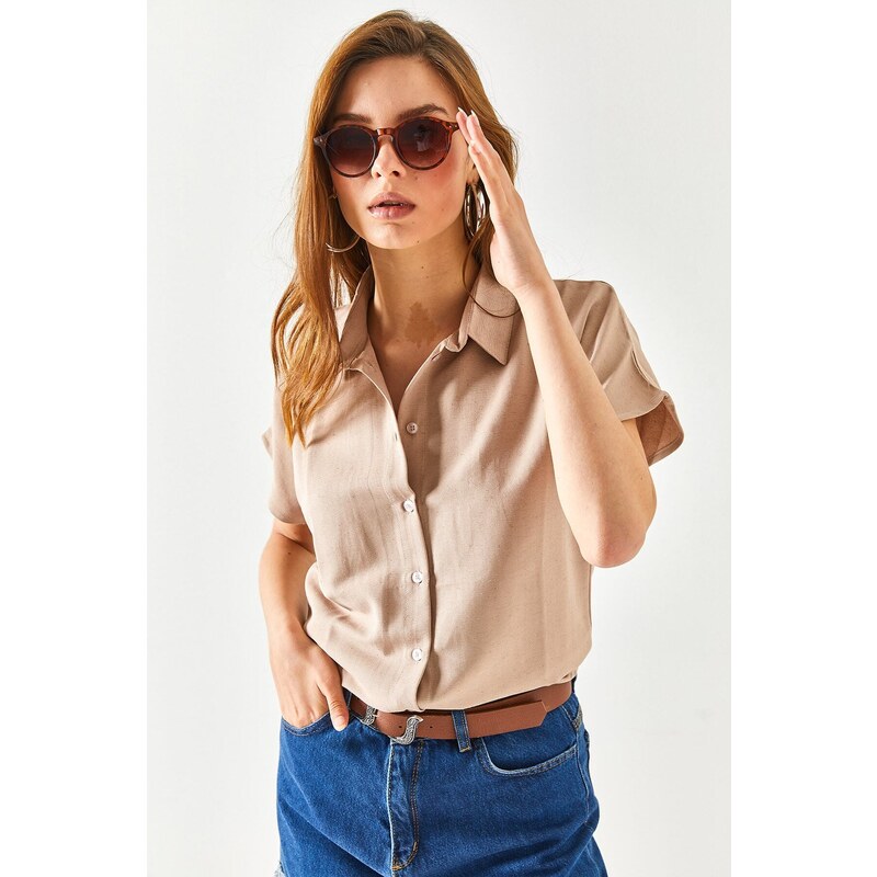 Olalook Women's Milk Coffee Bat Oversize Linen Shirt