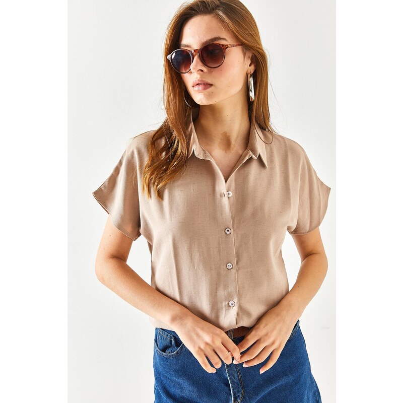 Olalook Women's Milk Coffee Bat Oversize Linen Shirt