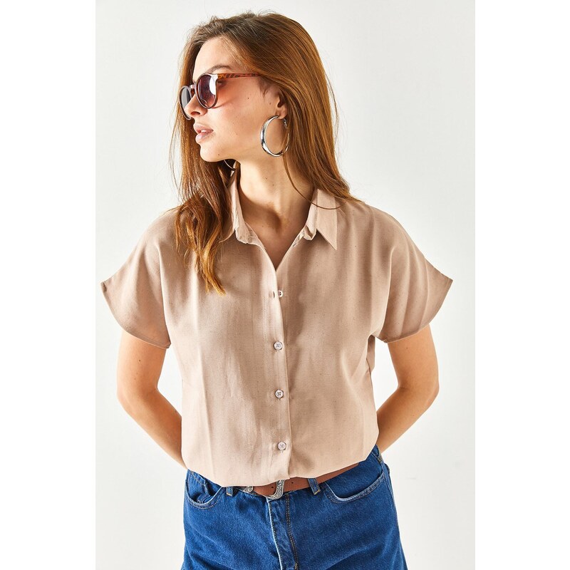 Olalook Women's Milk Coffee Bat Oversize Linen Shirt