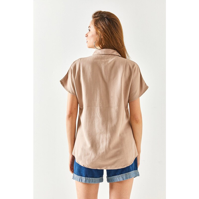 Olalook Women's Milk Coffee Bat Oversize Linen Shirt