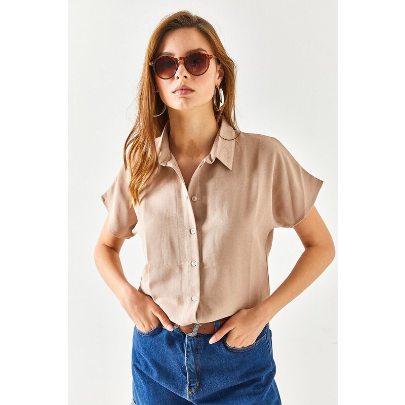 Olalook Women's Milk Coffee Bat Oversize Linen Shirt