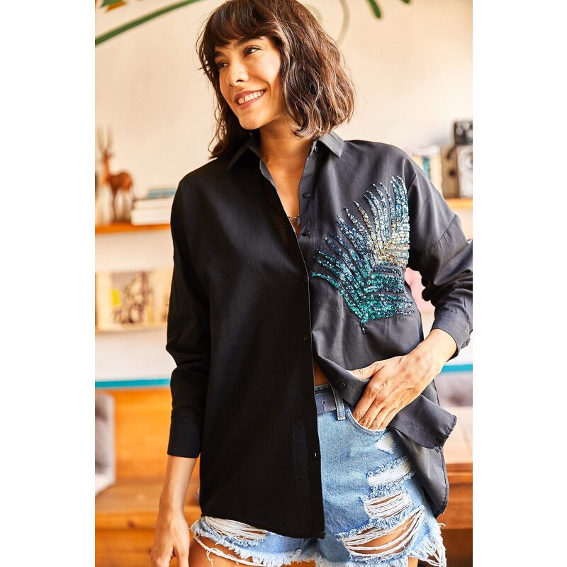 Olalook Women's Black Palm Sequin Detailed Oversize Woven Poplin Shirt