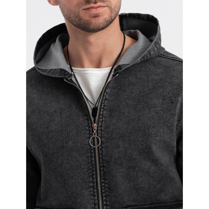 Ombre Clothing Pánská džínová bunda katana s kapsami a kapucí - černá V4 C558