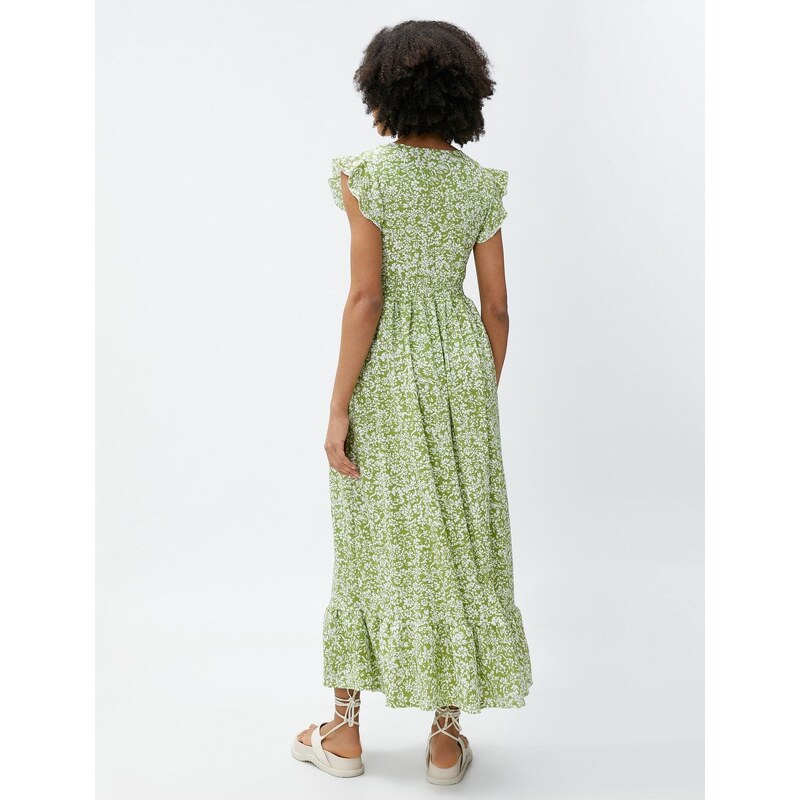 Koton Floral Dress Long V Neck Frilly Flounce